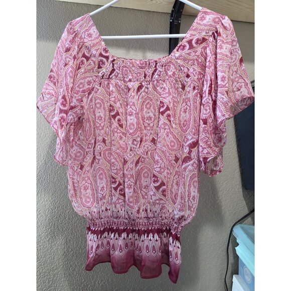 Mudd Womens Size Medium Multi-Color Semi-Sheer Dolman Short Sleeves Blouse Y2K - Picture 5 of 5